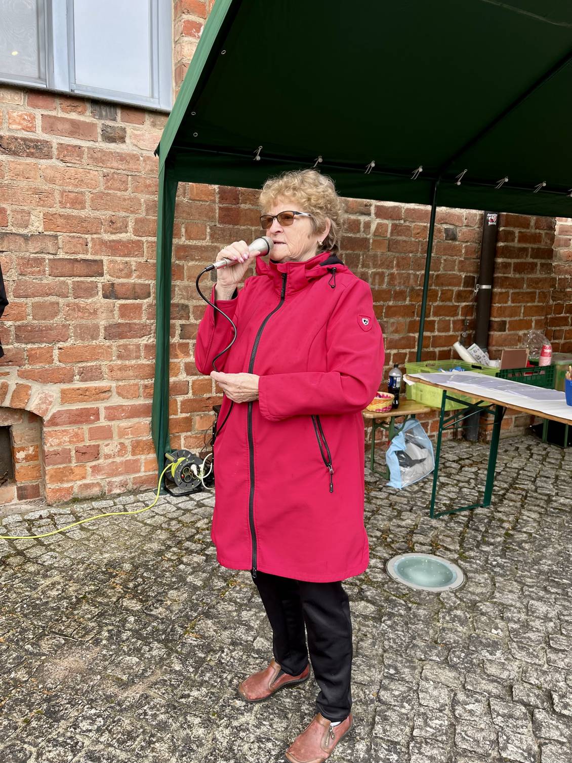 Das Foto zeigt eine Frau mit einem Mikrofon.